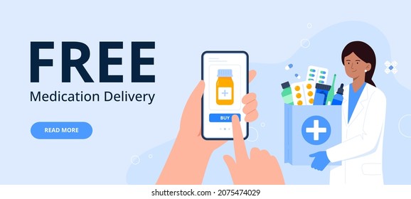 A pharmacist gives an order with medicine to an online customer. Online pharmacy, delivery drugs, prescription medicines order. Vector flat illustration for banners, landing page.