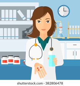 Pharmacist giving pills.