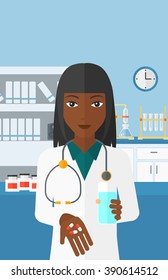 Farmacêutico que dá comprimidos.