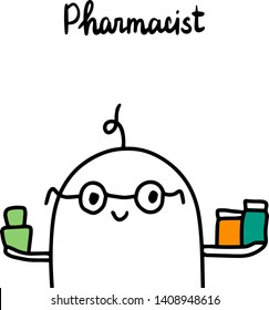 Pharmacist hand drawn vector illustration in cartoon style. Doctor with pills