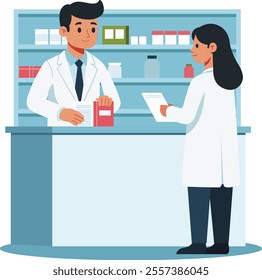 Pharmacist and a healthcare professional discussing medication at the pharmacy counter.