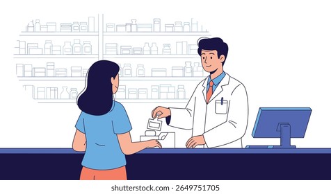 Pharmacist helping customer with prescription medication at pharmacy counter providing healthcare advice and professional service