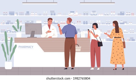 Pharmacist helping customers to choose drugs in pharmacy. People at drugstore's counter, buying medicines and consulting with druggist. Colored flat vector illustration of pharmaceutical service