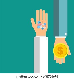 Pharmacist hold pills in hands, patient give money. Healthcare concept. Vector illustration.