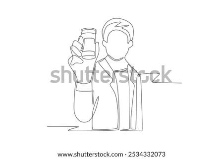 Pharmacist holding a compounded medicine. Pharmaceutical companies concept one-line drawing