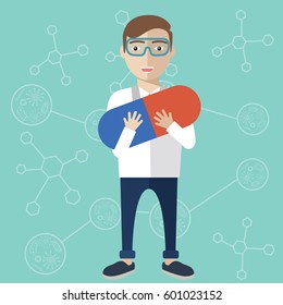 Pharmacist holding a medicine. A Contemporary style. Vector flat design illustration.