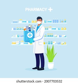 Pharmacist holds paper bag with medicines, drugs and pill bottles inside in hands. Online Home delivery pharmacy service. Doctor in white coat with stethoscope. Vector illustration