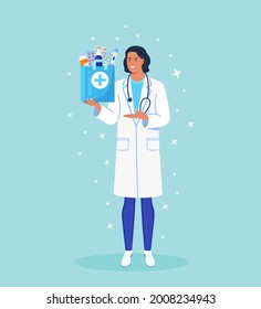 Pharmacist holds paper bag with medicines, drugs and pill bottles inside in hands. Online Home delivery pharmacy service. Doctor in white coat with stethoscope. Vector illustration