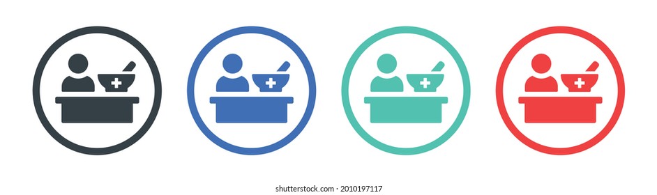 Pharmacist icon. Person stand on drugstore icon. Pharmacy concept