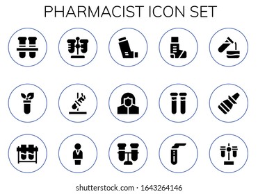 pharmacist icon set. 15 filled pharmacist icons. Included Test tubes, Test tube, Inhaler, Pharmacist, Nasal spray, Chemist icons
