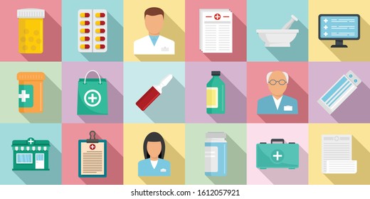 Pharmacist icons set. Flat set of pharmacist vector icons for web design