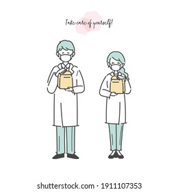 Pharmacist illustration set of men and women to hand over medicine. Vector.