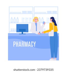 Interacción farmacológica con la ilustración vectorial del cliente. Medicina de compra para mujeres en farmacia