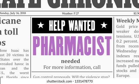 Pharmacist job offer. Newspaper classified ad in fake generic newspaper.