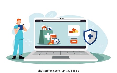 Farmacéutico con portátil. Mujer en uniforme médico cerca de la computadora con pastillas en la pantalla. Compra online de medicamentos, jarabes y vendas. el comercio Electrónica. Ilustración vectorial plana de dibujos animados