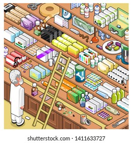 Pharmacist looking desperately up to a huge shelf unit stuffed with various medications in boxes and packages (isometric cartoon)