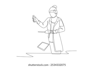 Pharmacist looking for medicine. Pharmaceutical companies concept one-line drawing