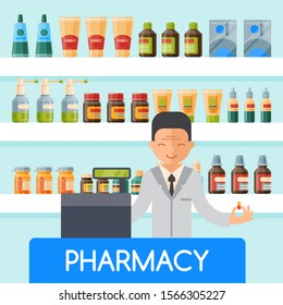 Pharmacist man at the counter in pharmacy vector illustration. Health care medical background. Pharmaceutical store and advisor.