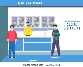 Pharmacist Man and Customers While Using Medical Mask with Maintaining Social Distance Away in Medical Store.