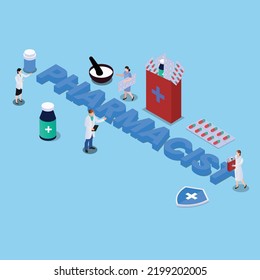 Pharmacist and medical treatment isometric 3d vector illustration concept for banner, website, illustration, landing page, flyer, etc.