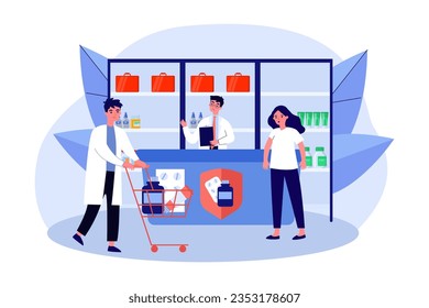 Pharmacist with medication cart vector illustration. Customer frustrated because of lack of medicine on pharmacy shelves, doctor struggling to prescribe medicine. Medicine crisis, health care concept