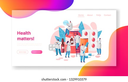 Pharmacist Medicine Drug Store Landing Page. Pharmacist Care for Patient. Medicine Industry. Online Drugstore Infographic Background Website or Web Page. Flat Cartoon Vector Illustration