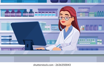 Pharmacist and Medicine In Pharmacy, Pharmacy counter and pharmacist with medicine, medical concept illustration