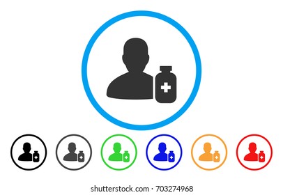 Pharmacist Medicine vector rounded icon. Image style is a flat gray icon symbol inside a blue circle. Bonus color versions are gray, black, blue, green, red, orange.