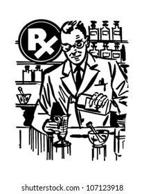 Pharmacist Mixing Medicine - Retro Clipart Illustration