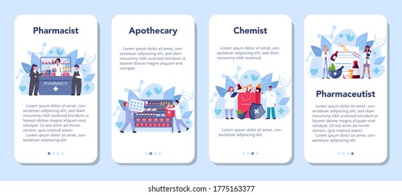 Pharmacist mobile application banner set. Medication and health treatment concept. Medicine pill and prescription form. Drugstore staff. Isolated vector illustration