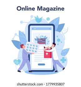 Pharmacist online service or platform. Medication and health treatment concept. Drugstore staff. Online magazine. Isolated vector illustration