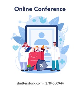 Pharmacist online service or platform. Medication and health treatment concept. Drugstore staff. Online conference. Isolated vector illustration