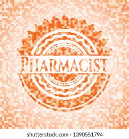Pharmacist orange tile background illustration. Square geometric mosaic seamless pattern with emblem inside.