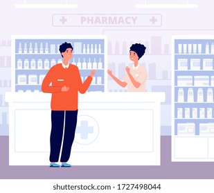 Pharmacist and patient. Drugs consultation, male in drugstore interior. Health consultant nurse and customer in pharmacy vector illustration