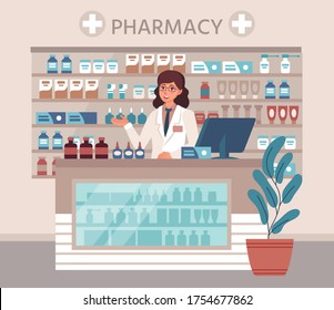 Pharmacist. Pharmaceutical consultant behind counter in drugstore, shelves with medication. Druggist selling pills and medicine. Pharma consultation healthcare vector illustration concept.