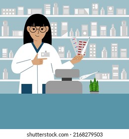 Pharmacist at the pharmacy behind the counter. A female pharmacist holds medicines in his hand. Banner, advertisement, poster. Vector flat illustration.