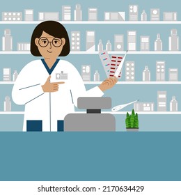 Pharmacist at the pharmacy behind the counter. A female pharmacist holds medicines in his hand. Banner, advertisement, poster. Vector flat illustration.