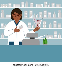 Pharmacist at the pharmacy behind the counter. A female pharmacist holds medicines in his hand. Banner, advertisement, poster. Vector flat illustration.