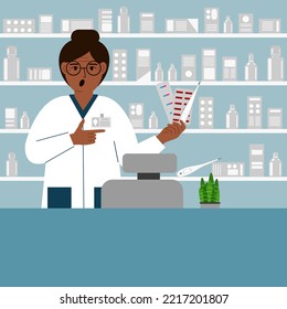 Pharmacist at the pharmacy behind the counter. A female pharmacist holds medicines in his hand. Banner, advertisement, poster. Vector flat illustration.