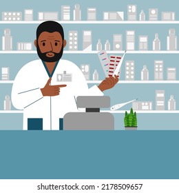 Pharmacist at the pharmacy behind the counter. A male pharmacist holds medicines in his hand. Banner, advertisement, poster. Vector flat illustration.