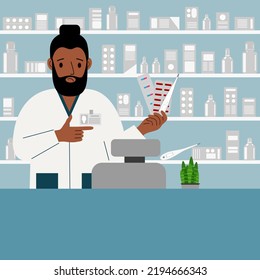Pharmacist at the pharmacy behind the counter. A male pharmacist holds medicines in his hand. Banner, advertisement, poster. Vector flat illustration.