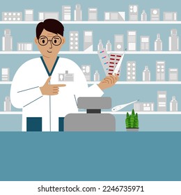 Pharmacist at the pharmacy behind the counter. A male pharmacist holds medicines in his hand. Banner, advertisement, poster. Vector flat illustration.