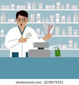 Pharmacist at the pharmacy behind the counter. A male pharmacist holds medicines in his hand. Banner, advertisement, poster. Vector flat illustration.