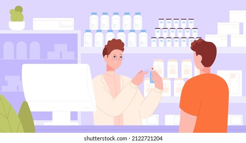 Pharmacist At Pharmacy Counter. Druggist Pharmaceutical Store Talk Customer, Consult Employee Drugstore, Behind Apothecary Shelves Pills Medical Drug, Splendid Vector Illustration