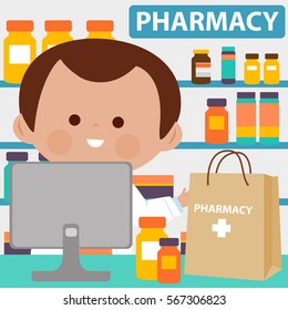 Pharmacist at the pharmacy counter with a shopping bag full of medicine. Vector illustration