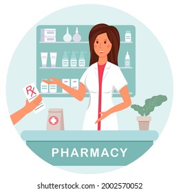 Pharmacist at  pharmacy dispenses  prescription medication to  client. The patient buys the tablets in the RX form. Vector illustration of  showcase of  pharmacy item inside.