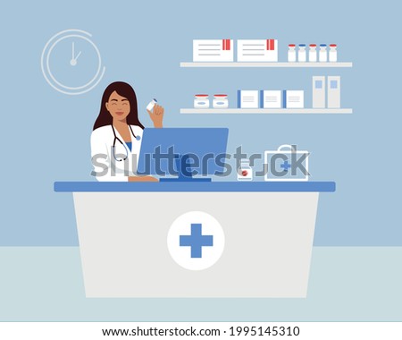 Pharmacist, pharmacy, pharmacist is ready to advise, sell medicines, vaccines.