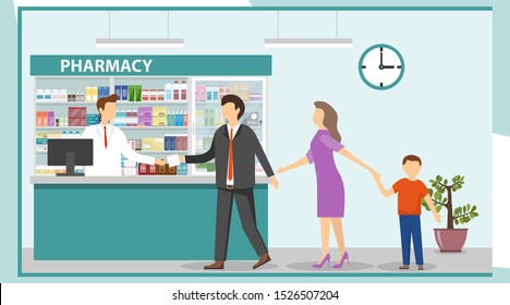A pharmacist in a pharmacy serves customers. Interior pharmacy with drugs. People stand in line at the pharmacy. Vector illustration, vector.