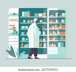 pharmacist in pharmacy, vector flat illustration.