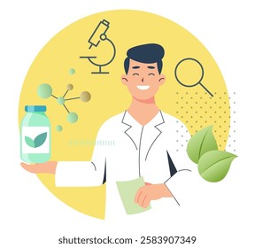 Pharmacist with Plant Based Pharmacy Drug Formulation - Stock Illustrationas EPS 10 File